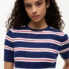 Camisola de malha com tranças e riscas de manga curta Camisola de malha com tranças e riscas de manga curta
