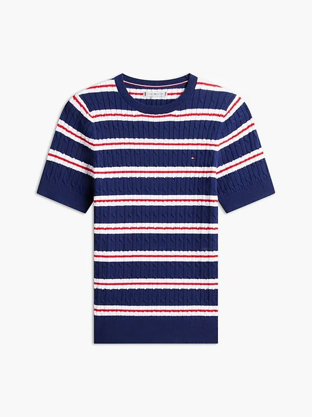 Camisola de malha com tranças e riscas de manga curta Camisola de malha com tranças e riscas de manga curta