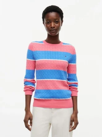 Camisola de malha com tranças e riscas de râguebi