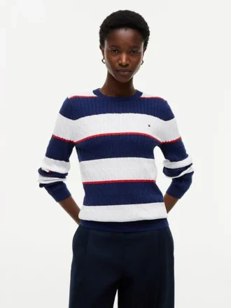 Camisola de malha com tranças e riscas de râguebi