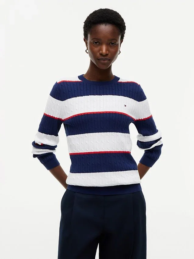 Camisola de malha com tranças e riscas de râguebi Camisola de malha com tranças e riscas de râguebi