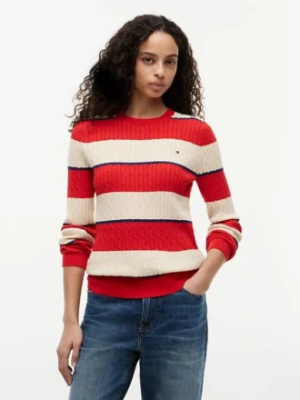 Camisola de malha com tranças e riscas de râguebi
