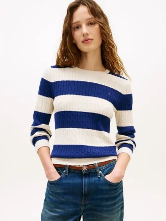 Camisola de malha com tranças e riscas de râguebi