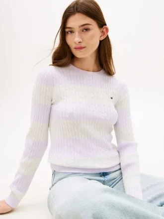 Camisola de malha com tranças e riscas de râguebi
