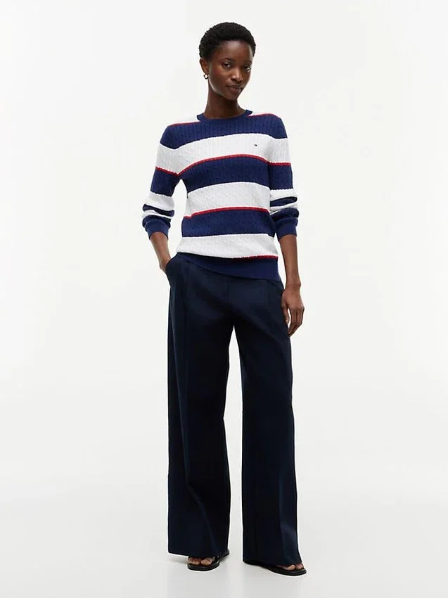 Camisola de malha com tranças e riscas de râguebi Camisola de malha com tranças e riscas de râguebi