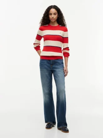 Camisola de malha com tranças e riscas de râguebi