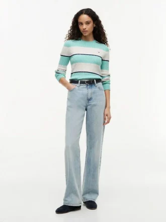 Camisola de malha com tranças e riscas de râguebi