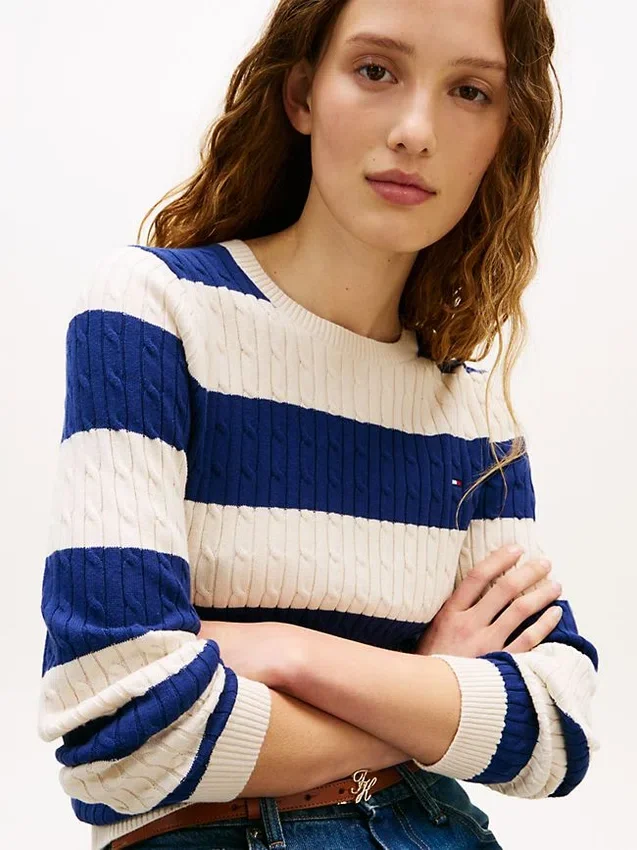Camisola de malha com tranças e riscas de râguebi Camisola de malha com tranças e riscas de râguebi
