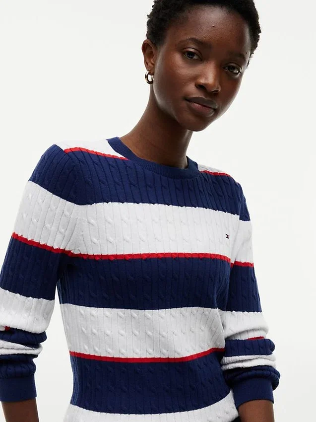 Camisola de malha com tranças e riscas de râguebi Camisola de malha com tranças e riscas de râguebi