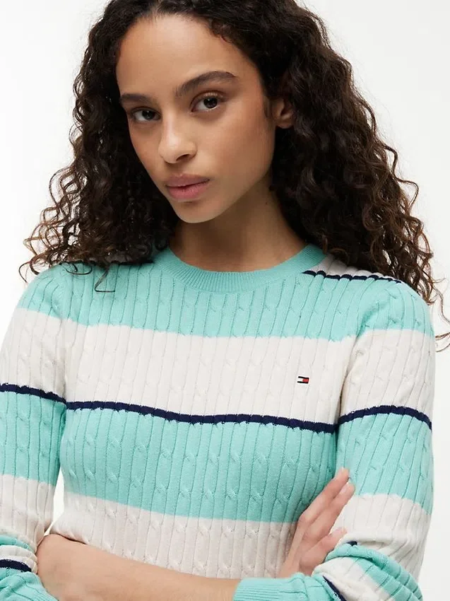 Camisola de malha com tranças e riscas de râguebi Camisola de malha com tranças e riscas de râguebi