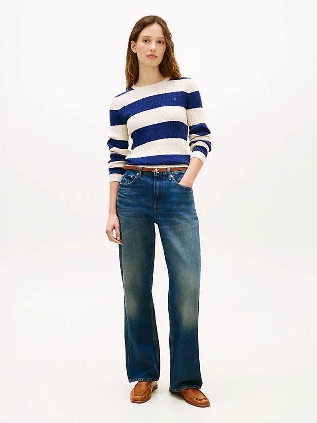 Camisola de malha com tranças e riscas de râguebi Camisola de malha com tranças e riscas de râguebi