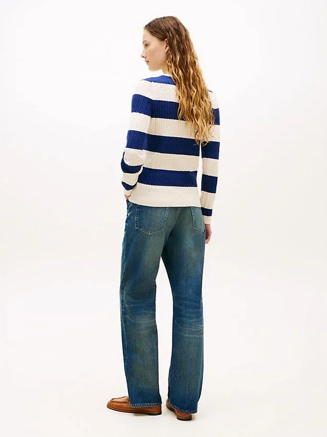 Camisola de malha com tranças e riscas de râguebi Camisola de malha com tranças e riscas de râguebi