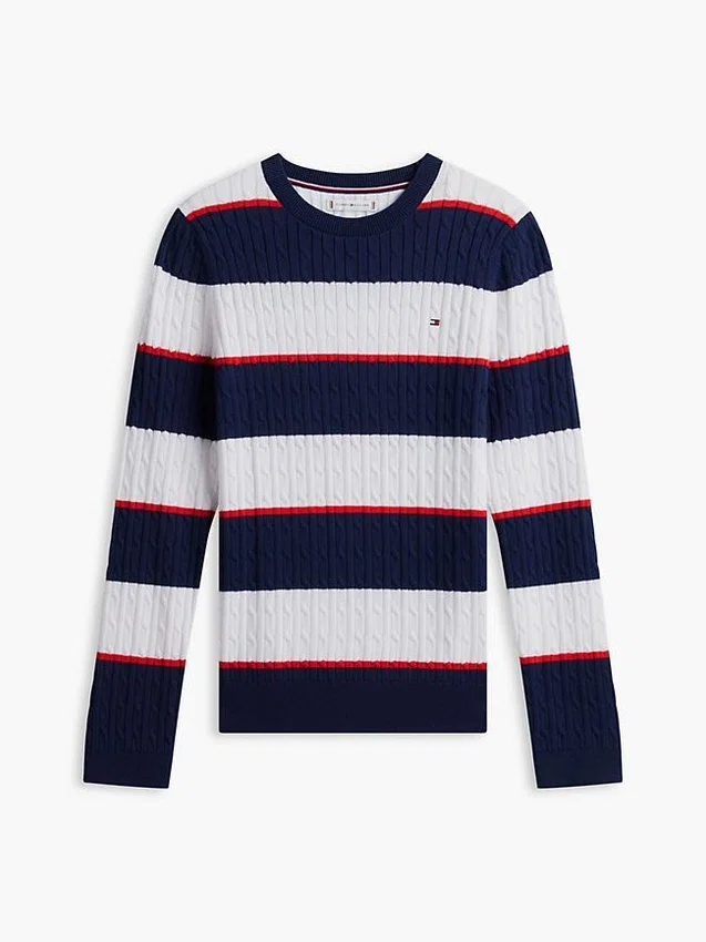 Camisola de malha com tranças e riscas de râguebi Camisola de malha com tranças e riscas de râguebi