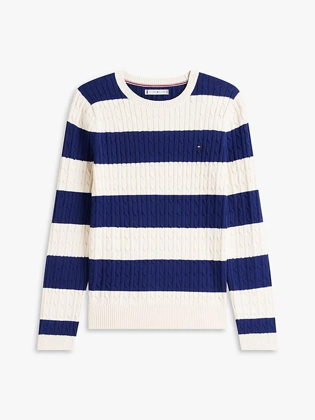 Camisola de malha com tranças e riscas de râguebi Camisola de malha com tranças e riscas de râguebi