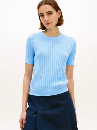 Camisola de manga curta com bolso em ponto de malha