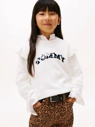 Camisola infantil com lantejoulas, logótipo e folhos