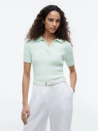 Camisola Polo de Malha com Tranças Listradas