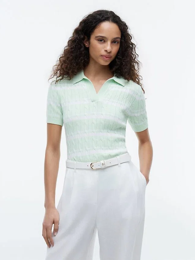 Camisola Polo de Malha com Tranças Listradas Camisola Polo de Malha com Tranças Listradas