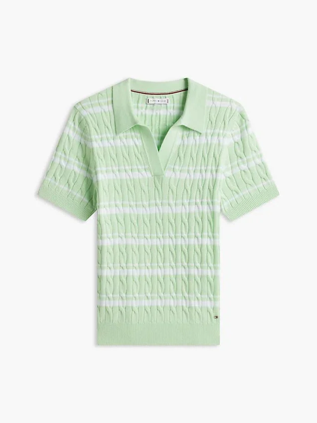 Camisola Polo de Malha com Tranças Listradas Camisola Polo de Malha com Tranças Listradas