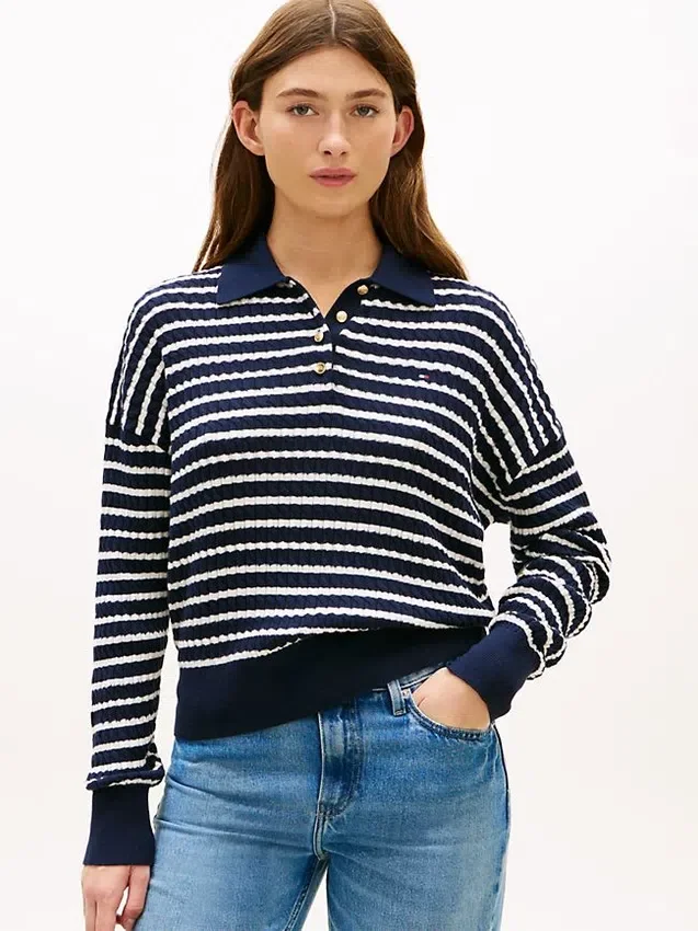 Camisola polo de malha trançada com corte descontraído Camisola polo de malha trançada com corte descontraído