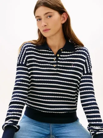 Camisola polo de malha trançada com corte descontraído