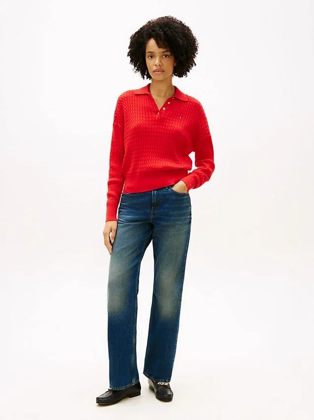 Camisola polo de malha trançada com corte descontraído Camisola polo de malha trançada com corte descontraído