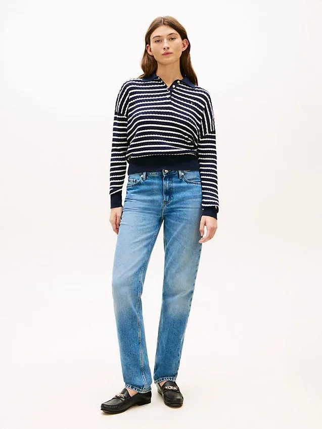 Camisola polo de malha trançada com corte descontraído Camisola polo de malha trançada com corte descontraído
