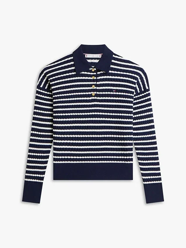 Camisola polo de malha trançada com corte descontraído Camisola polo de malha trançada com corte descontraído
