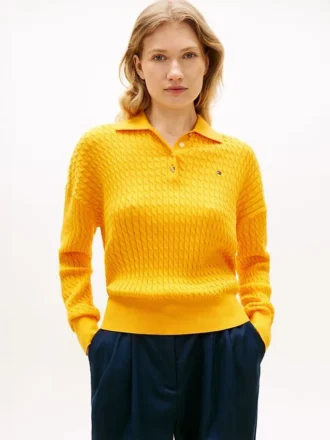 Camisola Polo de Malha Trançada de Corte Descontraído