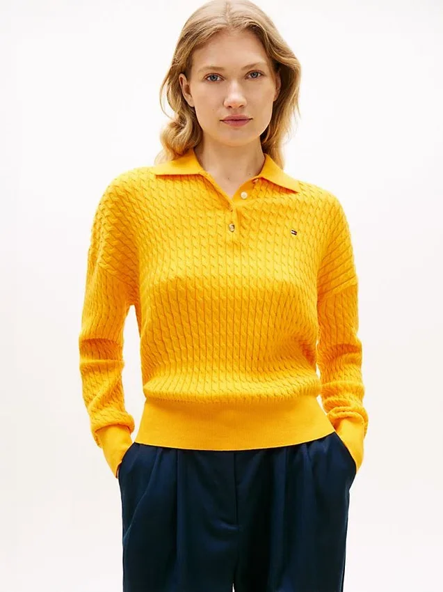 Camisola Polo de Malha Trançada de Corte Descontraído Camisola Polo de Malha Trançada de Corte Descontraído