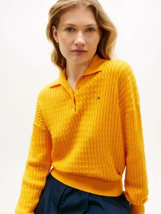 Camisola Polo de Malha Trançada de Corte Descontraído