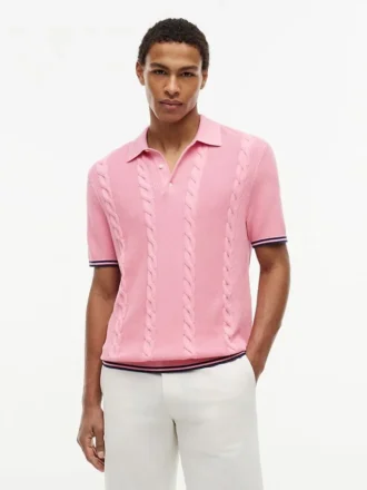 Camisola polo de malha trançada de manga curta