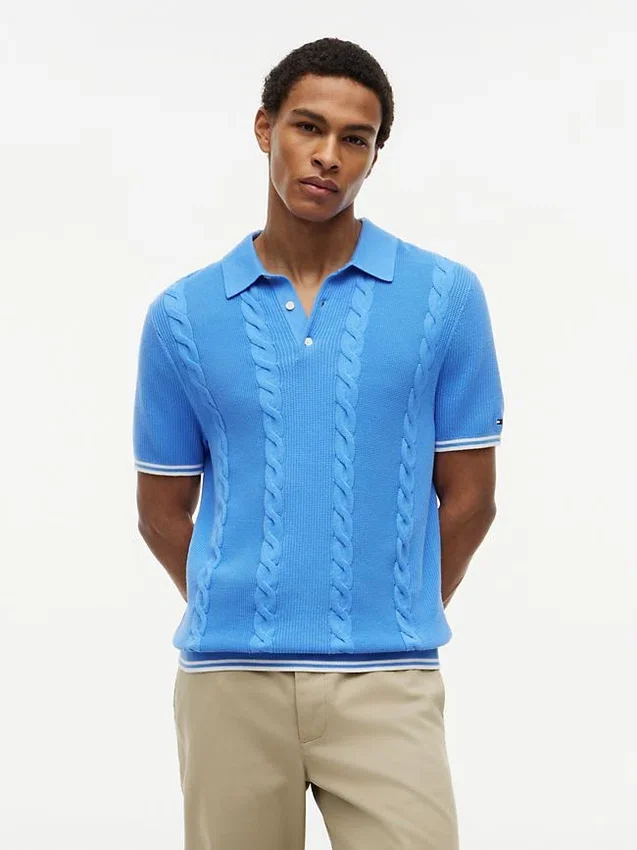 Camisola polo de malha trançada de manga curta Camisola polo de malha trançada de manga curta