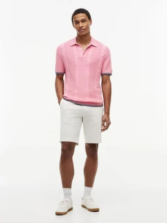 Camisola polo de malha trançada de manga curta