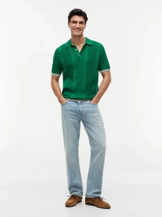 Camisola polo de malha trançada de manga curta