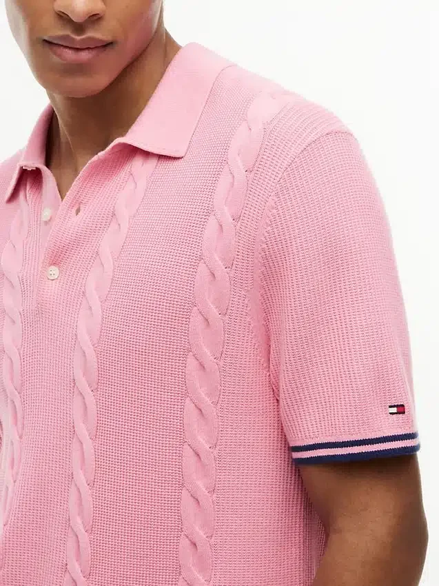 Camisola polo de malha trançada de manga curta Camisola polo de malha trançada de manga curta