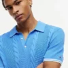 Camisola polo de malha trançada de manga curta Camisola polo de malha trançada de manga curta