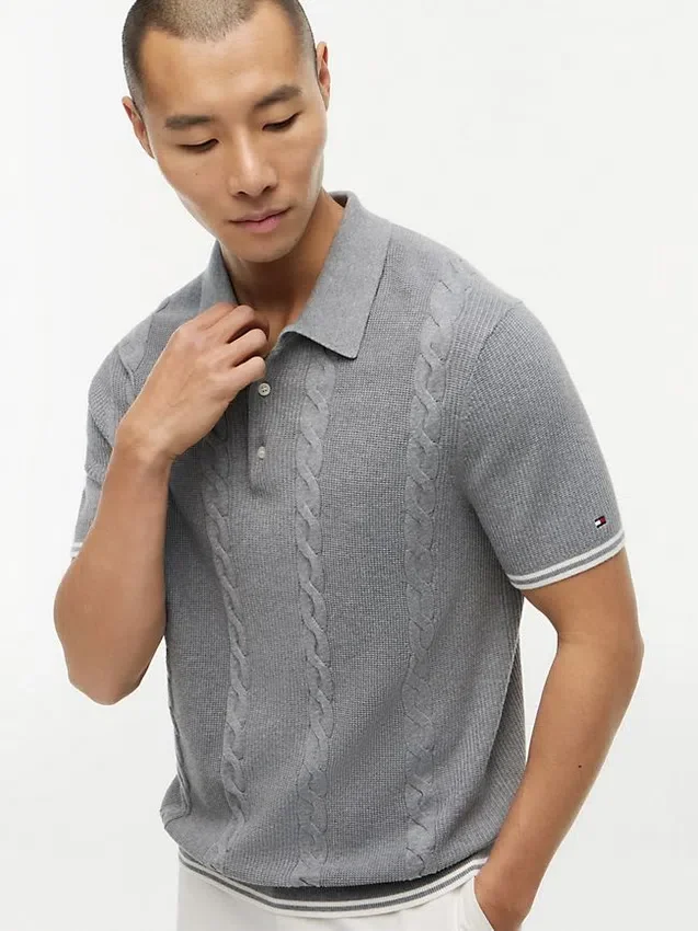 Camisola polo de malha trançada de manga curta Camisola polo de malha trançada de manga curta