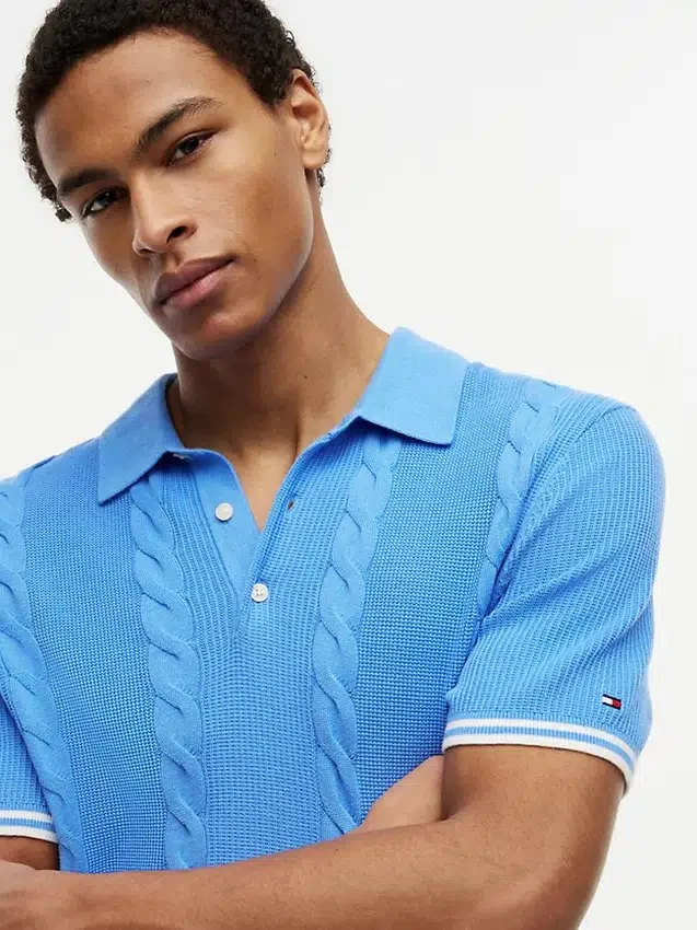Camisola polo de malha trançada de manga curta Camisola polo de malha trançada de manga curta