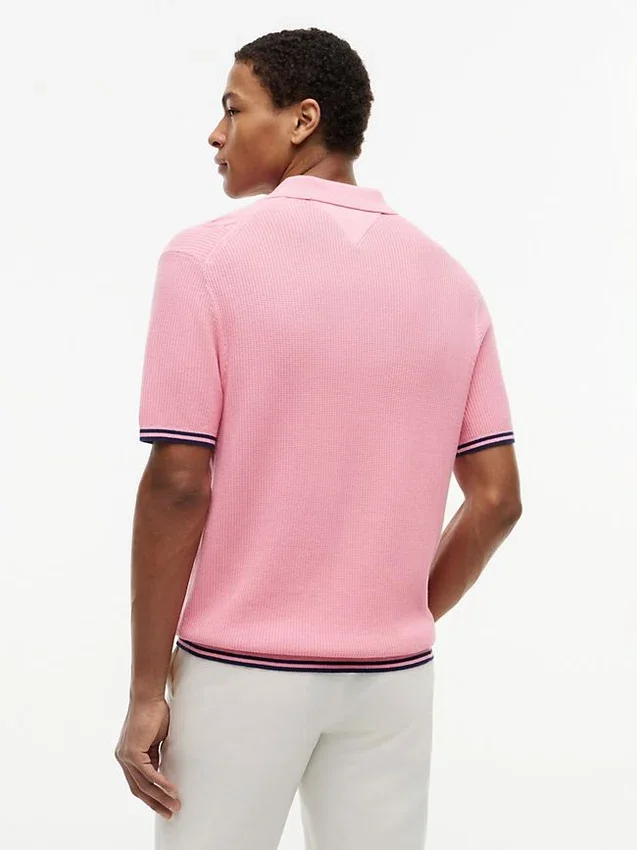 Camisola polo de malha trançada de manga curta Camisola polo de malha trançada de manga curta