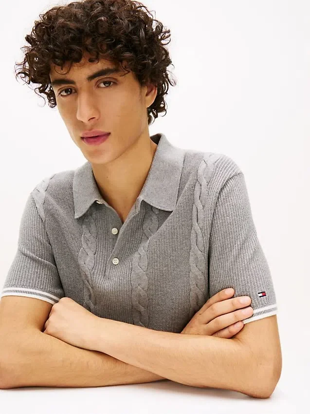 Camisola polo de malha trançada de manga curta Camisola polo de malha trançada de manga curta
