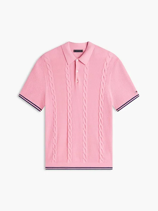 Camisola polo de malha trançada de manga curta Camisola polo de malha trançada de manga curta