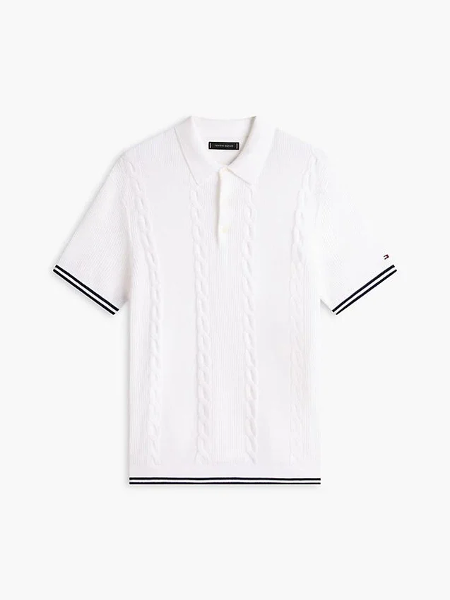 Camisola polo de malha trançada de manga curta Camisola polo de malha trançada de manga curta