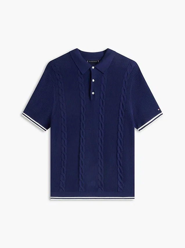 Camisola polo de malha trançada de manga curta Camisola polo de malha trançada de manga curta