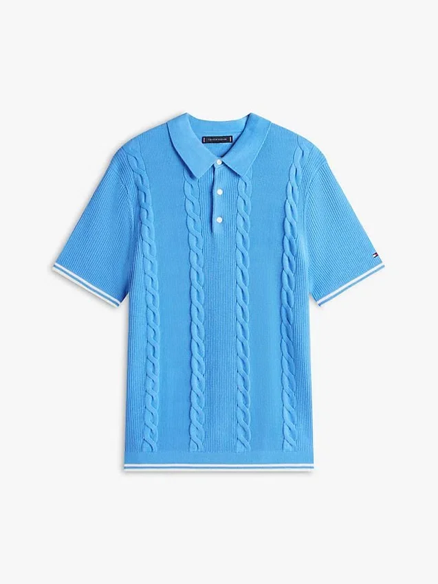 Camisola polo de malha trançada de manga curta Camisola polo de malha trançada de manga curta