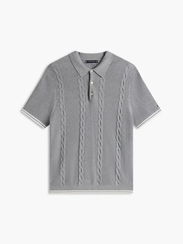 Camisola polo de malha trançada de manga curta Camisola polo de malha trançada de manga curta