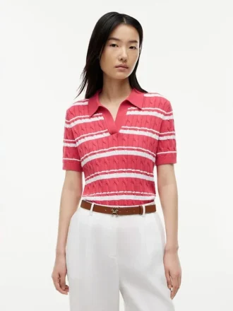 Camisola Polo de Malha Trançada às Riscas