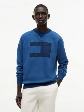 Camisola Raglan com logótipo de bandeira tingida a índigo