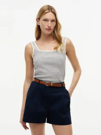 Camisola sem mangas com gola quadrada e padrão pointelle às riscas