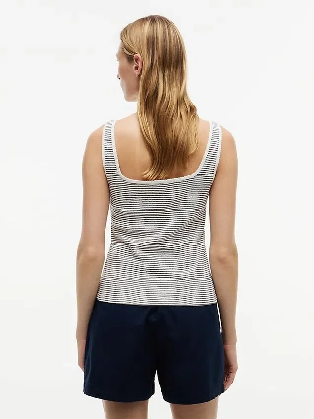 Camisola sem mangas com gola quadrada e padrão pointelle às riscas Camisola sem mangas com gola quadrada e padrão pointelle às riscas
